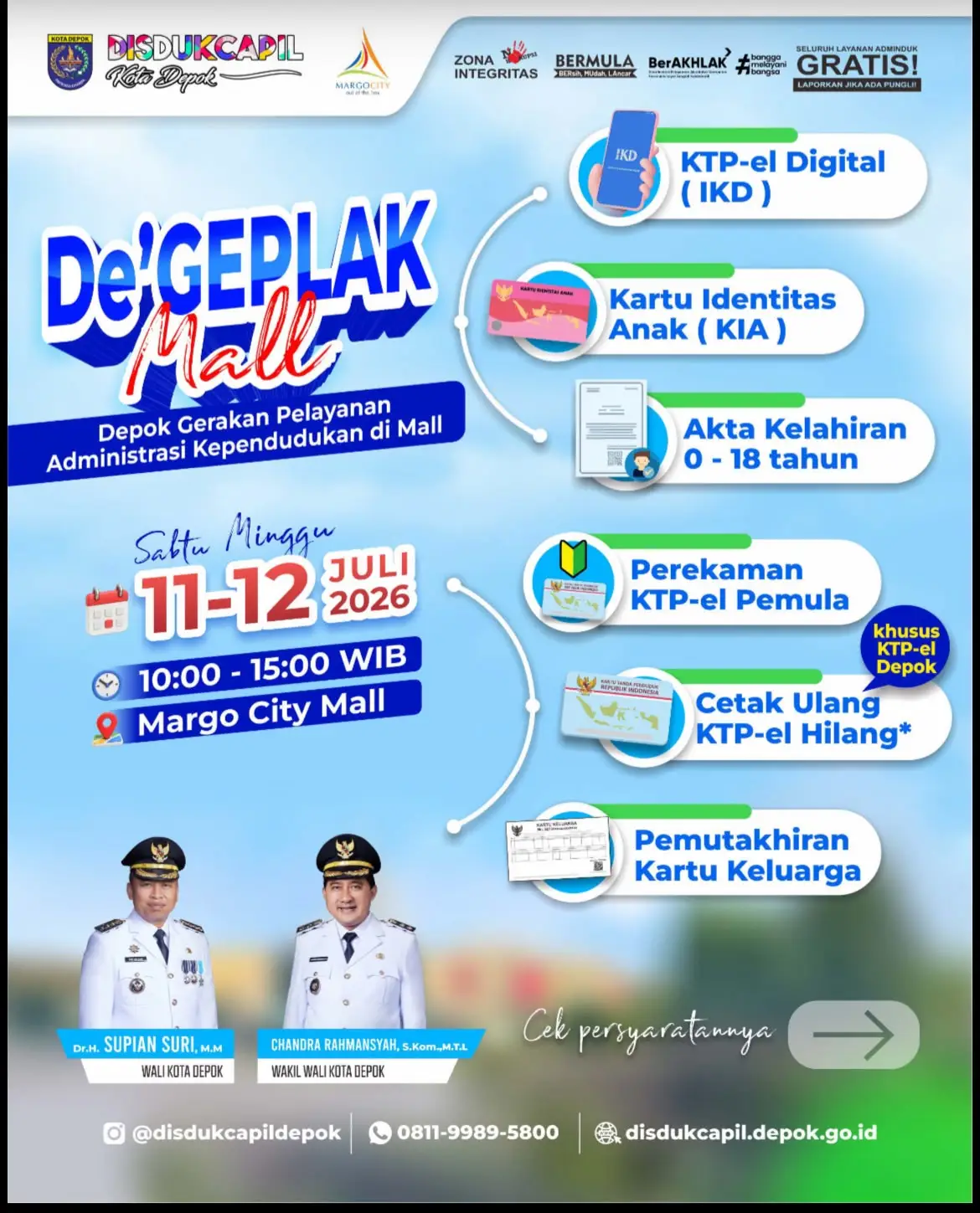 Akhir Pekan Ini, Urus Dokumen Kependudukan di Margo City Lewat Layanan De’ Geplak