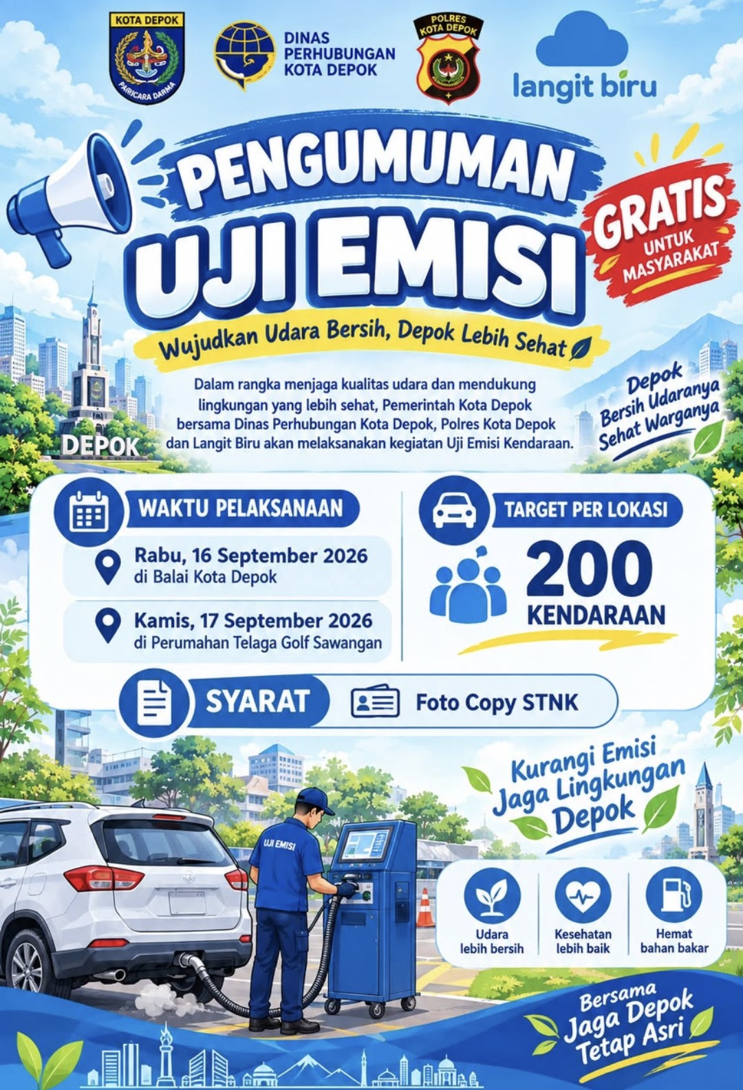 Cukup Bawa Fotokopi STNK, Warga Depok Bisa Ikut Uji Emisi Gratis di Dua Lokasi Ini